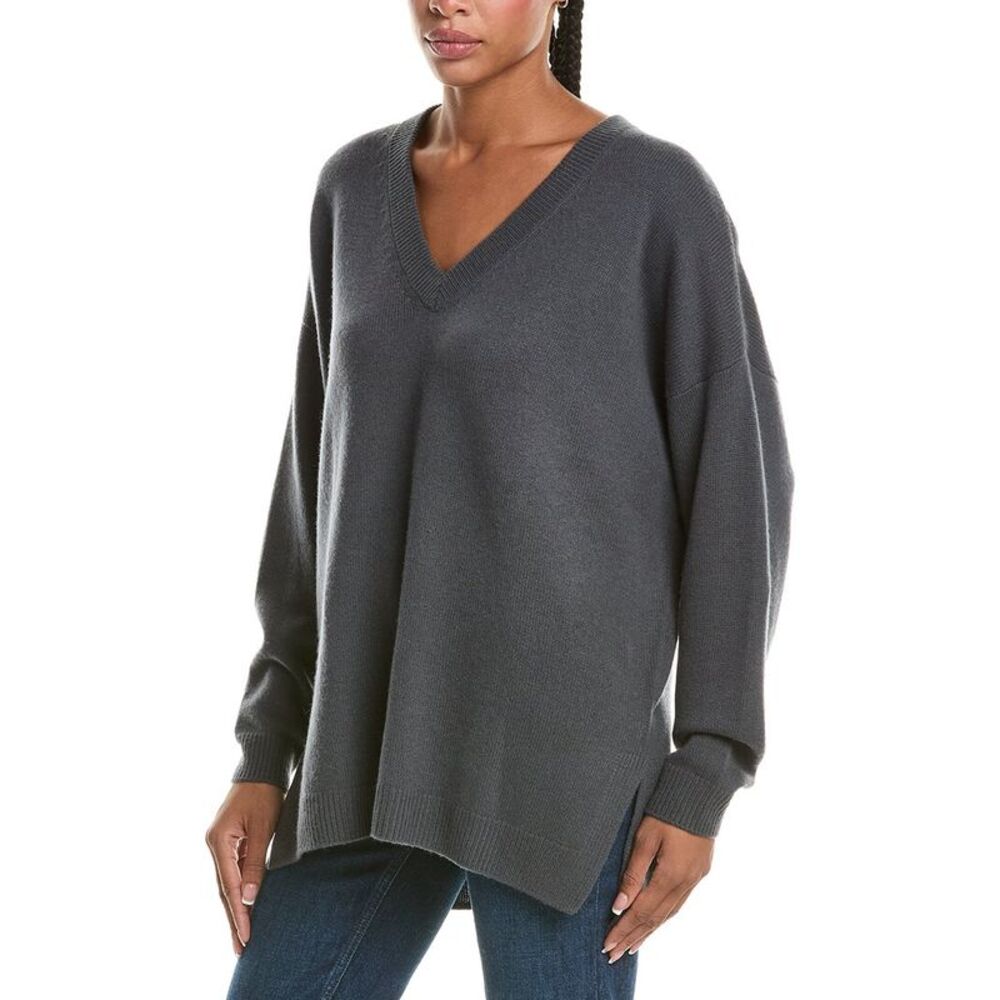 N.Peal Womens  Oversized V-Neck 100% Cashmere Sweater, Gray